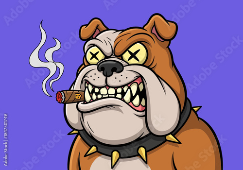 Cartoon bulldog smokes cigar with spiked collar on purple background