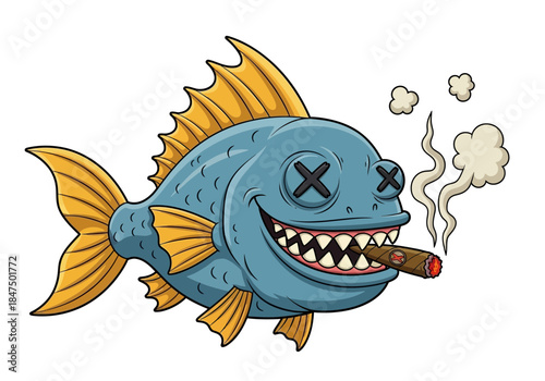 A cartoon blue fish with sharp teeth smokes a cigar and exhales smoke.
