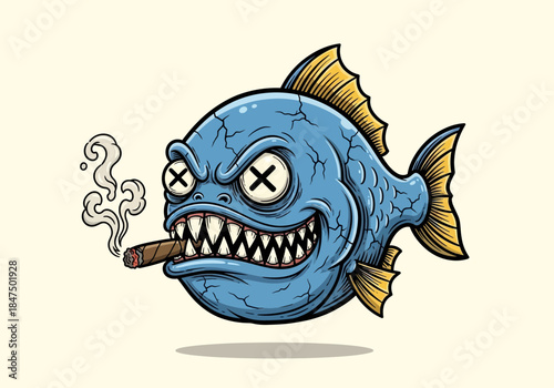 A blue fish with sharp teeth smokes a cigar in a cartoon illustration.