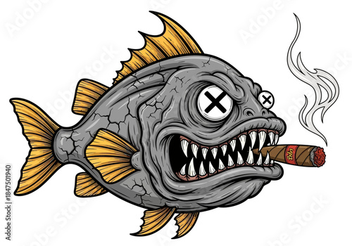 An illustration of a gray fish with yellow fins smokes a cigar.