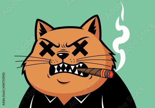 Menacing cartoon cat smoking cigar with sharp teeth and crossed out eyes on green background illustration