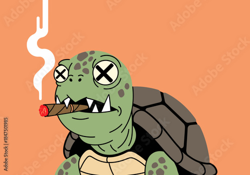 A cartoon turtle smokes a cigar with a dead expression on its face.
