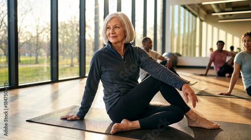 Smiling senior woman in athletic wear doing a seated twist yoga pose on a mat in a bright studio with large windows and other people exercising.
