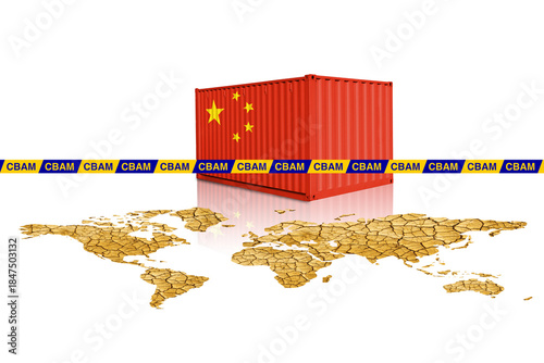 Trade container painted with China flag and stop line with word CBAM or Carbon Border Adjustment Mechanism.