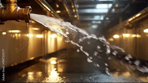 Water flowing from a metal pipe in an industrial setting, illuminated.