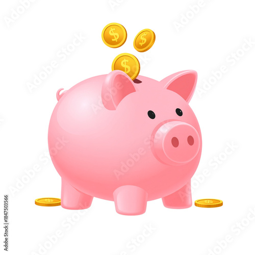 A pink pig-shaped piggy bank sits on a white background surrounded by scattered gold coins to represent finance, money savings, and a successful investment concept for business banking