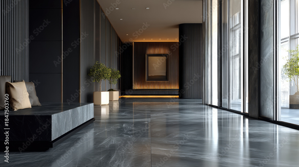 Obraz premium Black marble floor modern wall panel luxury lobby large window natural light elegant minimal indoor plant contemporary