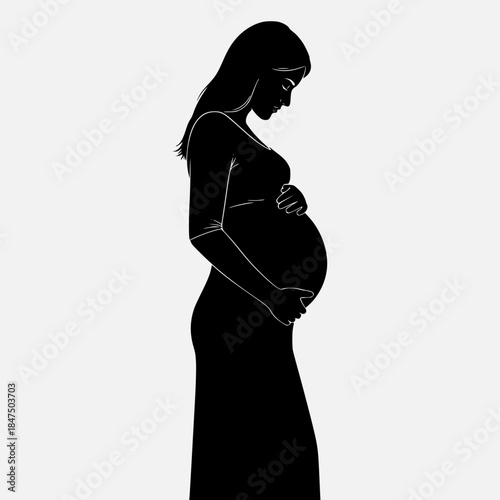 Pregnant Woman in Silhouette Gently Touching Her Belly, Celebrating Expectant Motherhood and New Life.