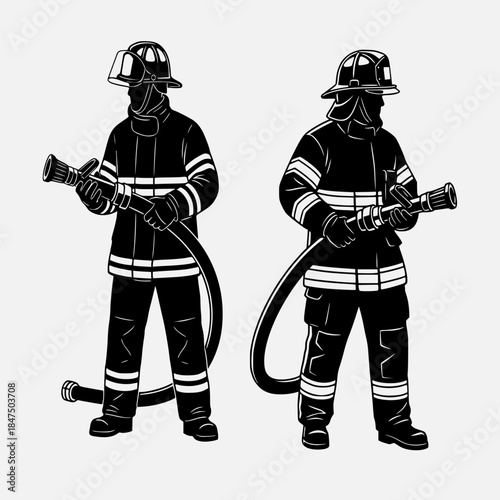 Firefighter Silhouette Gripping Hose Nozzle, Ready for Action and Fire Suppression in Emergency Response.