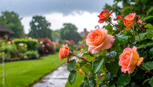 Close-up of roses in bloom along a garden path during a light rain