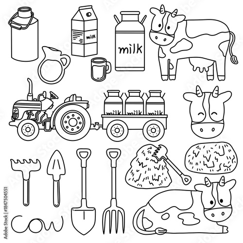 낙농업 젖소 우유 라인드로잉 색칠공부(farming cow milk line drawing coloring set)