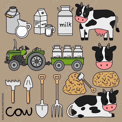 낙농업 젖소 우유 라인드로잉(farming cow milk line drawing set)