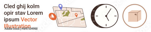 Delivery services, time management, location tracking, logistics planning, online orders, e-commerce. Map with location pins, a clock and a package. Delivery services and time management concept