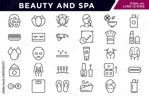 Beauty and Spa Line Icon Set. Skincare, massage, pedicure, cosmetics, wellness, hair, spa treatment, relaxation, salon, body care icon vector illustration