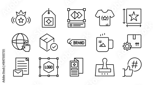 Branding Line Icon Set. Logo, identity, brand strategy, typography, color palette, marketing, design, creative, business, advertising, agency, icons, vector illustration. Pixel-perfect stroke