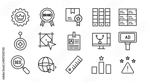 Branding Line Icon Set. Logo, identity, brand strategy, typography, color palette, marketing, design, creative, business, advertising, agency, icons, vector illustration. Pixel-perfect stroke