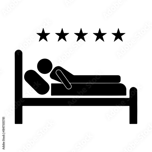 Sleeping person on bed icon, hotel accommodation rest symbol vector.