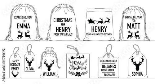 Christmas gift bags and tags with personalized names and reindeer designs.