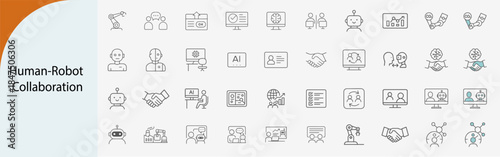 Human-robot collaboration icons set, thin line AI and robotic arm teamwork vector illustration