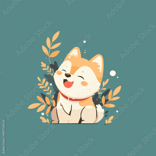 Adorable Happy Shiba Inu Dog with Autumn Leaves.