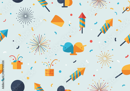 Festive seamless pattern for New Year 2026 celebrations, featuring fireworks, confetti, and party poppers on a light blue background, perfect for holiday decorations and designs