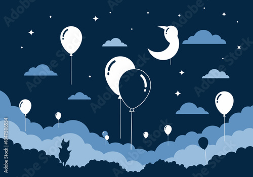 Whimsical new year 2026 Dreamy night sky with glowing balloons, fluffy clouds, and a silhouette cat, celebrating dreams and aspirations