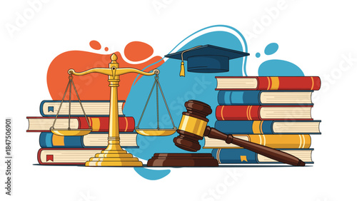 Law and justice concept illustration with scales of justice, a judge's gavel, stacks of law books, and a graduation cap.