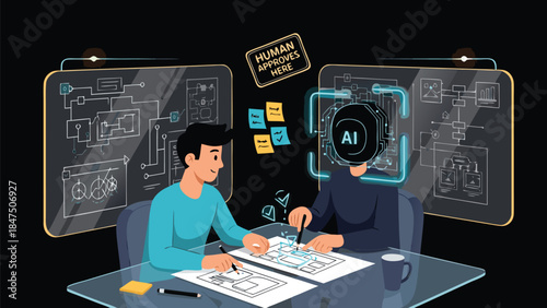 Vector Illustration of a human professional and an AI-powered figure collaborating at a desk, reviewing wireframes and flowcharts. The scene depicts human approval process with AI technology int