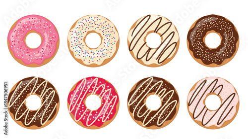 Set of eight delicious and colorful assorted donuts with various toppings like sprinkles and chocolate isolated on a white background.