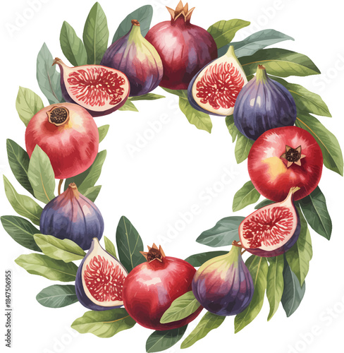 Sophisticated watercolor wreath featuring figs, pomegranates, and bay leaves