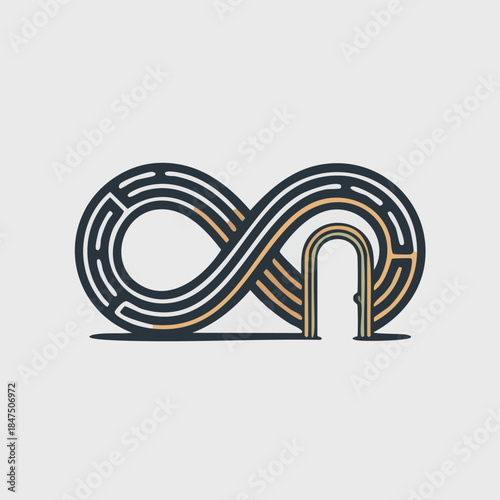 Vector Illustration of a modern infinity symbol featuring flowing curved lines in dark navy blue with golden yellow accents, incorporating an architectural arch element on the right side, creati