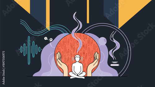 Vector Illustration of a person meditating in lotus position surrounded by a glowing brain, healing hands, sound waves, and calming smoke wisps, representing mental health, mindfulness, stress r