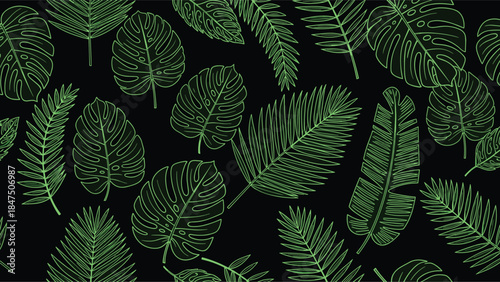 Seamless pattern of glowing green tropical leaves like monstera and palm on a dark black background for an exotic, modern design.