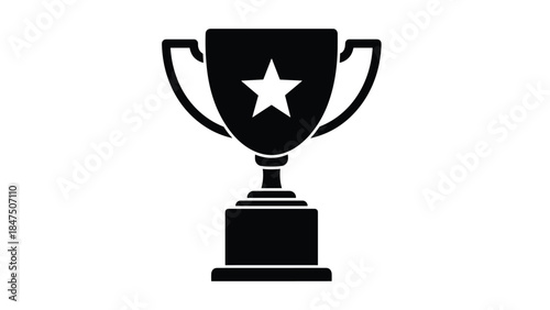 Simple black silhouette icon of a winner's trophy cup with a star, symbolizing victory, achievement, and a first place award.
