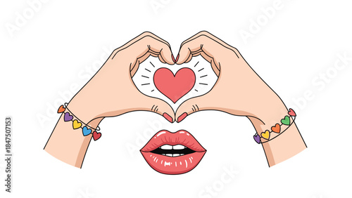 Romantic illustration of two hands with rainbow bracelets forming a heart shape, with a heart and lips, symbolizing love.