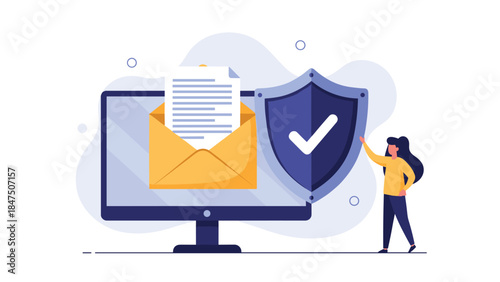 Email security and data protection concept with a woman holding a shield to protect a digital message on a computer screen.