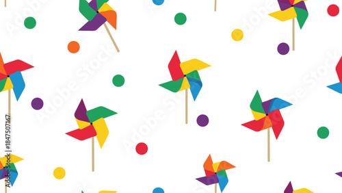 Seamless playful pattern with colorful rainbow pinwheels and polka dots, creating a fun and cheerful design for children.