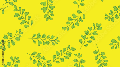 Seamless summer pattern of simple green hand-drawn leafy branches scattered on a vibrant and cheerful bright yellow background.