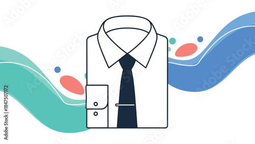 Modern and stylish icon of a neatly folded white dress shirt with a tie and clip against an abstract colorful background.