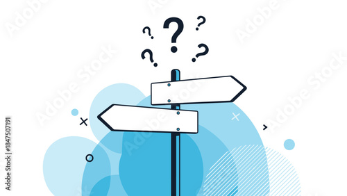 Concept of decision-making and uncertainty, shown by a crossroads signpost with blank arrows and question marks on a background.