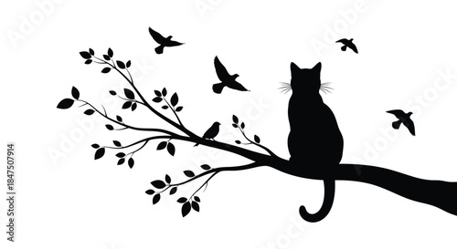 A silhouette of a cat sits on a tree branch with birds flying around it.