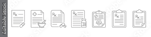 Medical prescription and health document line icon set – editable outline symbols of RX, clipboard, pill, bottle and report