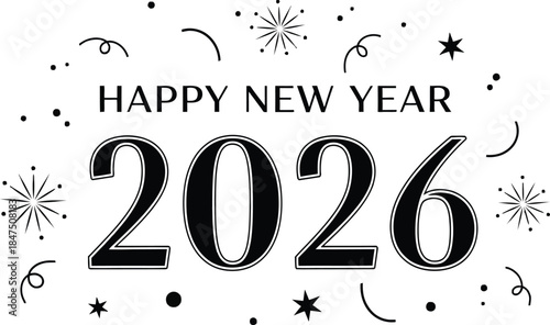 Silhouettes of happy people celebrating New Year's 2026 with raised hands, conveying joy and festivity.