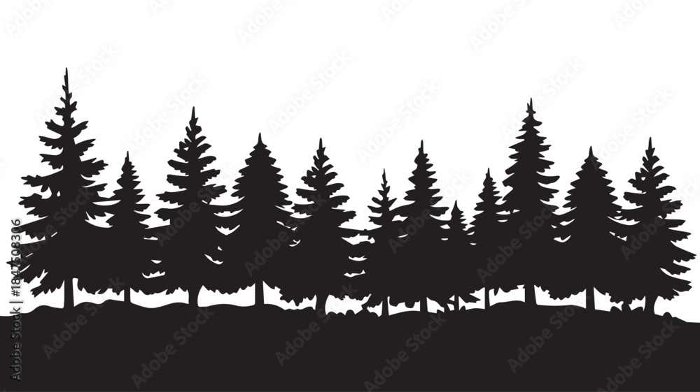 Fototapeta premium landscape with black silhouettes of trees and hills, trees silhouettes set. Black pine woods 