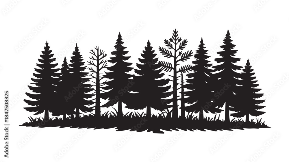 Obraz premium landscape with black silhouettes of trees and hills, trees silhouettes set. Black pine woods