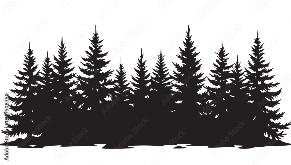 Fototapeta premium landscape with black silhouettes of trees and hills, trees silhouettes set. Black pine woods 