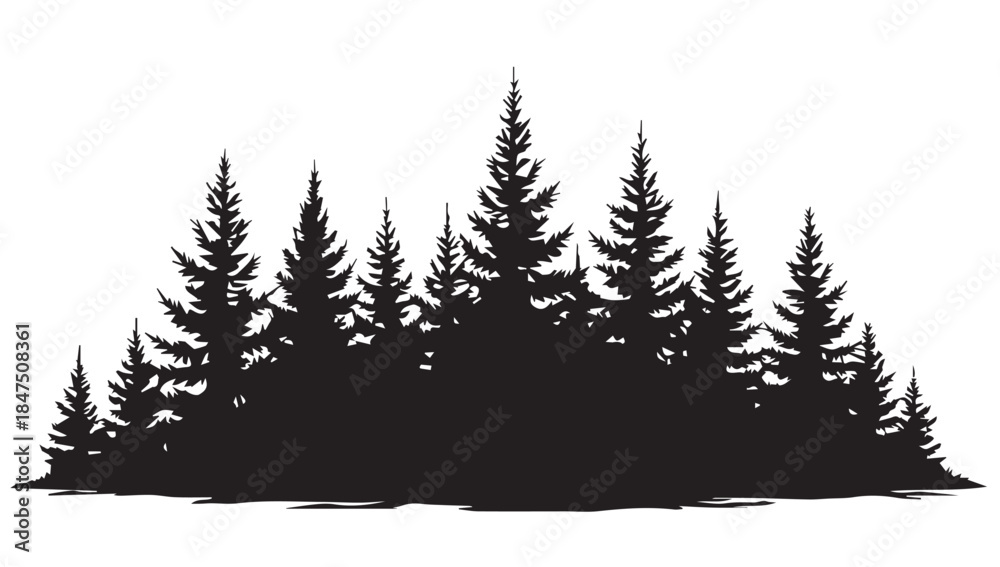 Obraz premium landscape with black silhouettes of trees and hills, trees silhouettes set. Black pine woods