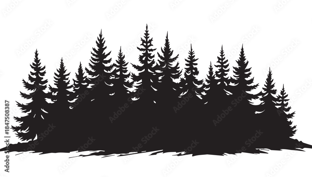 Obraz premium landscape with black silhouettes of trees and hills, trees silhouettes set. Black pine woods