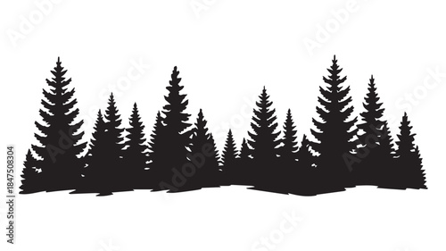 landscape with black silhouettes of trees and hills, trees silhouettes set. Black pine woods
