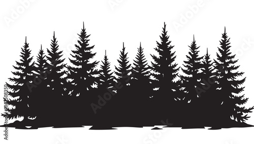 landscape with black silhouettes of trees and hills, trees silhouettes set. Black pine woods
